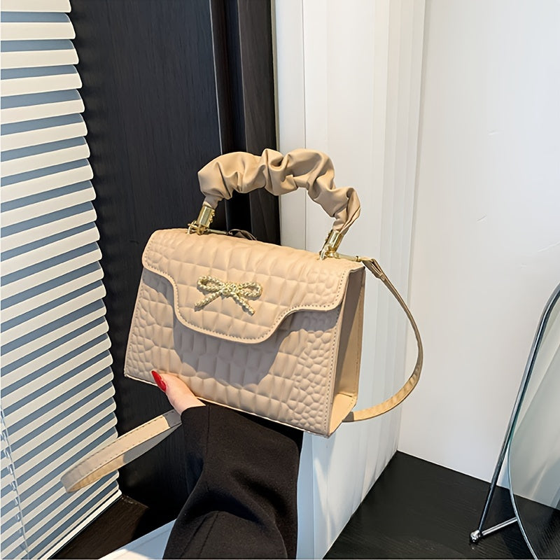 Vibrant Retro Crocodile Pattern Chic Shoulder Bag - Compact, Versatile, Fashionable, Everyday Wear with Bowknot Detail, Casual Street Style, and Chic Design - Perfect for Women's Daily Use